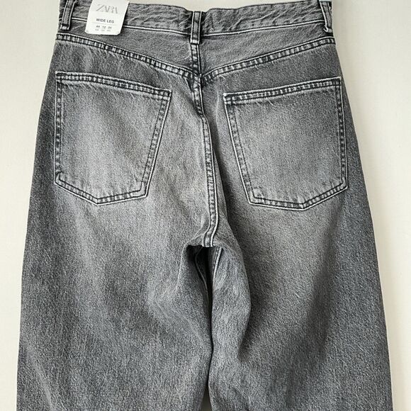 Zara Wide Leg Jeans Charcoal High Rise Full Length Raw Hem 12 - Picture 9 of 9